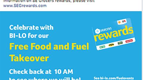 Bi-Lo 'Free Food and Fuel Takeover' Facebook Update
