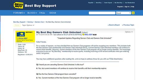 Best Buy Support 'Gamers Club Unlocked' Forum Post