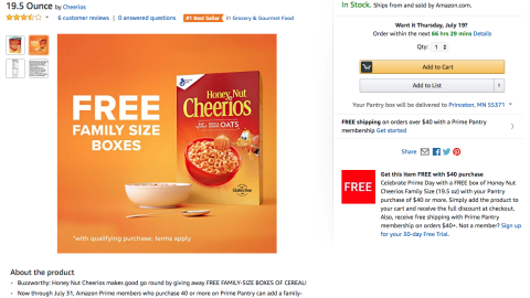 Prime Pantry 'Free Cheerios' Offer