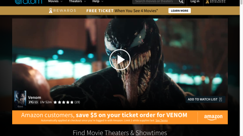 Atom Tickets 'Venom' Web Page